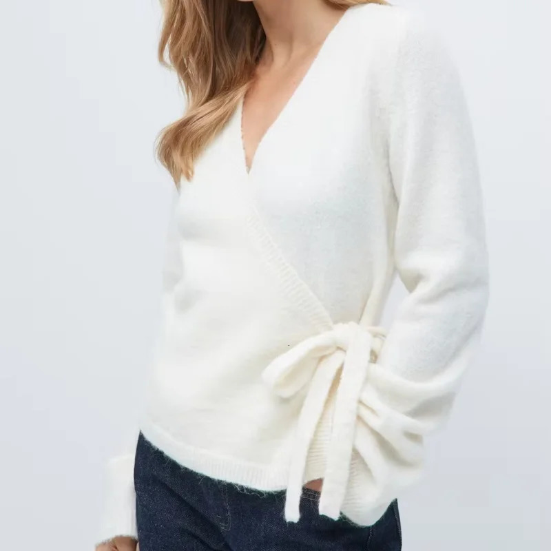 Womens Y2k Long Sleeve Wrap Knit Tops Solid V Neck Side Tie Sweater Shirts Lightweight Open Front Pullover Cardigans Streetwear 251229