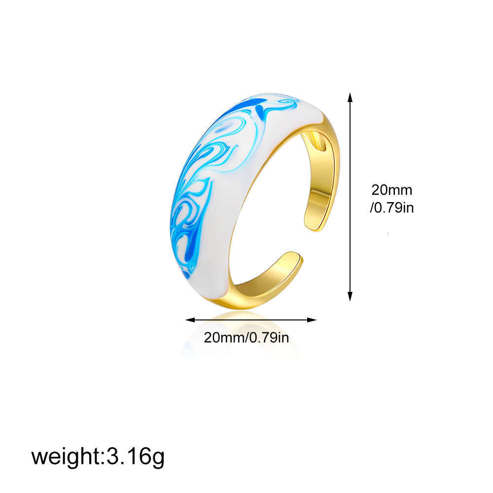 Fashion Porcelain Ring Vintage Enamel Painting Oil Blue and White Pattern Rings for Women New Chinese Style Open Fashion Irregular Ring Hand Accessori