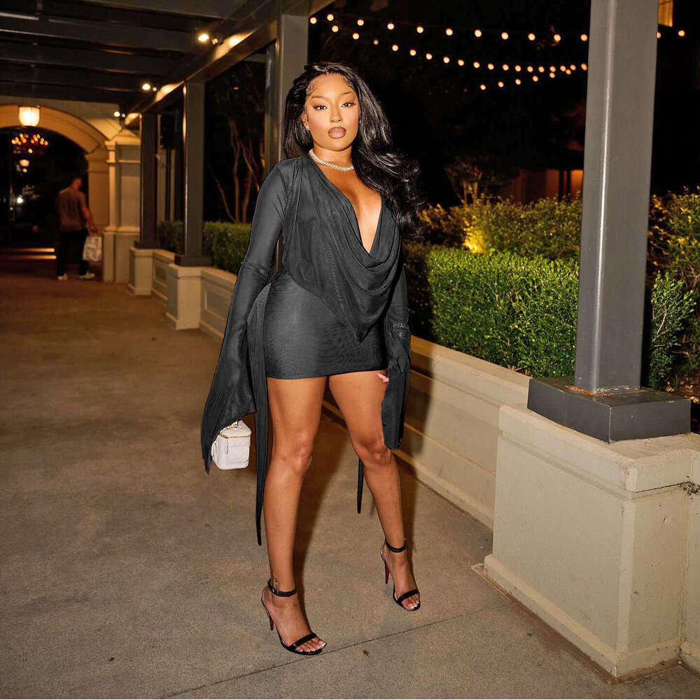 D25DS222 European and American Cross-Border New Women's Fashion Mesh Swing Collar Long Backless A-Line Short Sleeve Dress for Women