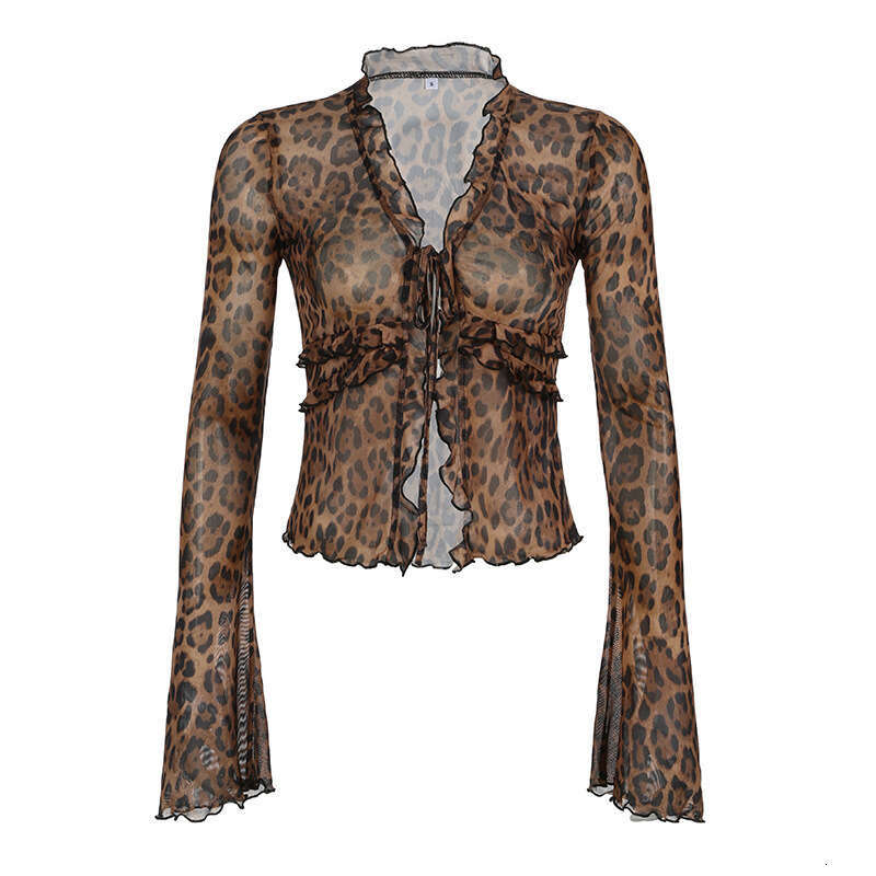 European and American Women's Fashion Hot Girl Sexy Leopard Print Long Sleeve Cover Autumn Thin Slim Fit See Through Cardigan Lace Up Top T-shirt