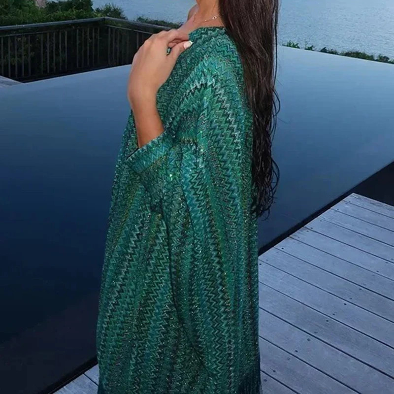 Elegant Tassel Stripe Long Dresses for Women Sexy Off Shoulder with Scarf Sleeve Vintage Dress Fashion Party Vestidos 251231