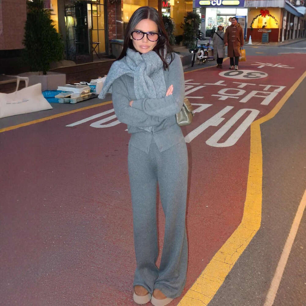 Cardigan Sleeve Long Pants Design Knitted 2026 Spring and Winter New Style casual Solid Color Sweater Suit