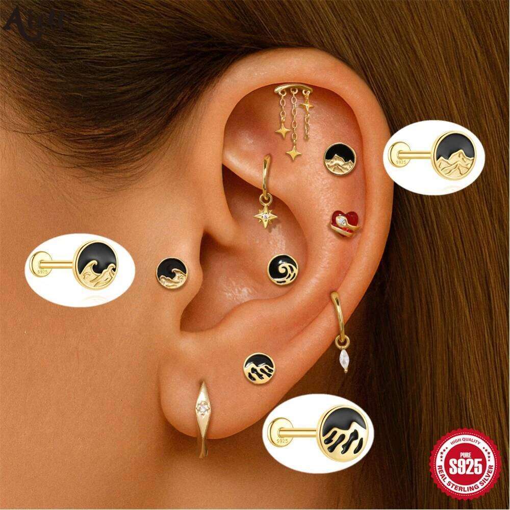 Aide 1piece 925 Sterling Silver Internal Spiral Puncture Stud For Girlfriend Oil Dripping Flat Back Piercing Earrings
