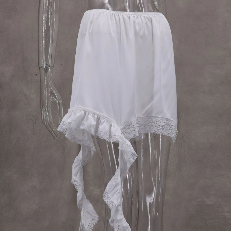 Sexy Lace White Asymmetrical Midi Skirts Street Chic Satin High Waist Slim Skirt Summer Casual Solid Female 251231