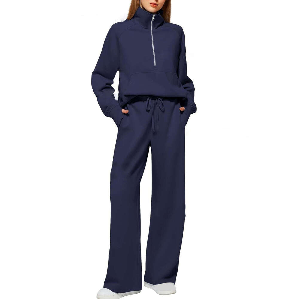 2026 European and American Women's Two-Piece Set Large Half-Zip Sweatshirt Wide-Leg Sweatpants Casual Outfit for Women