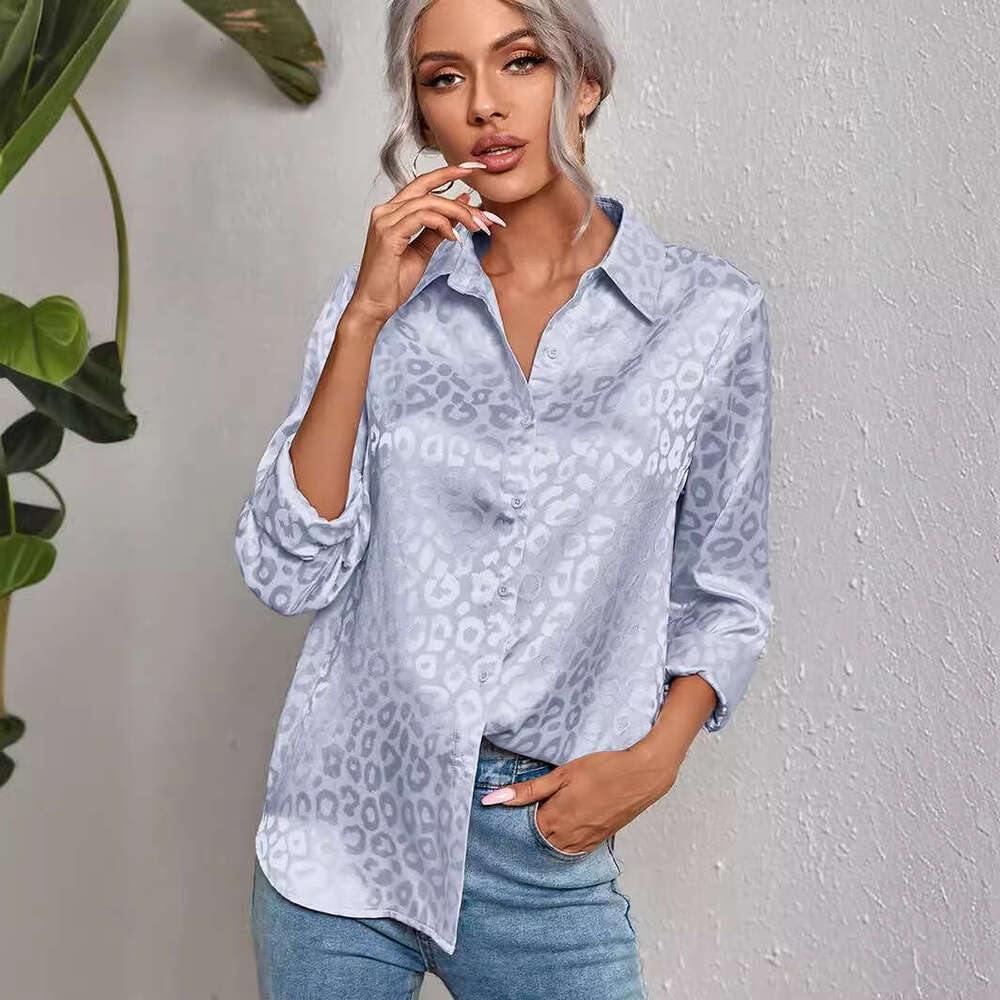 2026 European and American Cross-Border Women's Spring Summer New Turn-Down Collar Button Leopard Print Jacquard Elegant Commuter Long Sleeve Shi