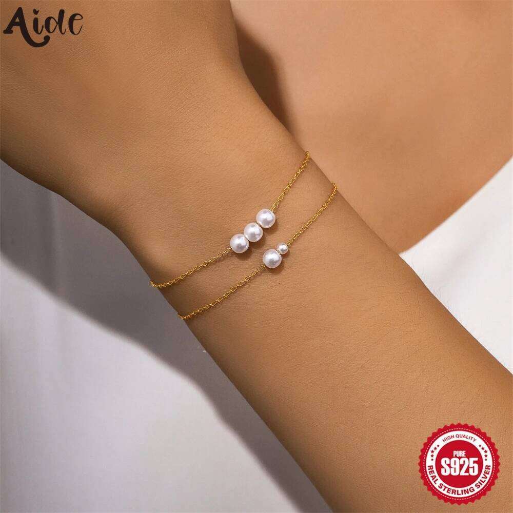 Aide 925 Sterling Silver White Round Pearl Charm Bracelet for Women Foldable 18K Gold Plated Chains Bracelets Fine Jewelry Gifts