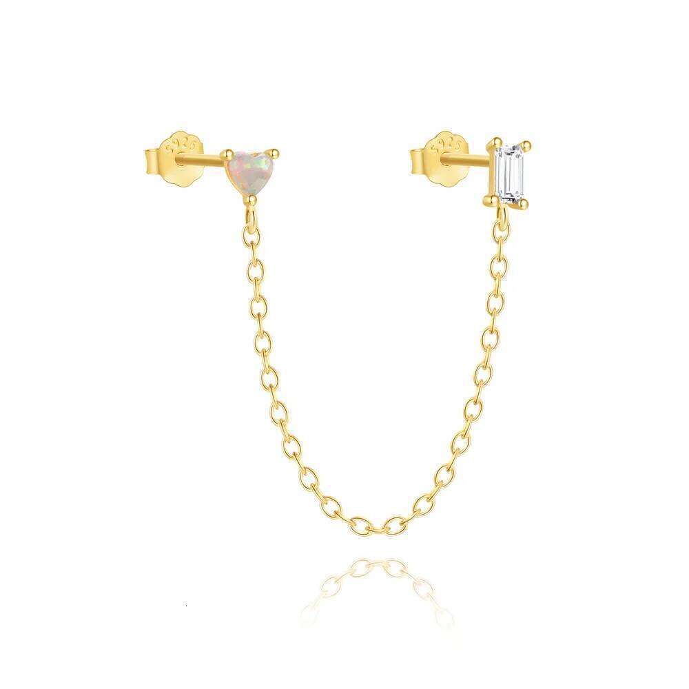 Aide 925 Sterling Silver Double Hole Link Chain Square Ear Stud Earrings for Women Gold Color Flower Cartilage Piercing Jewelry