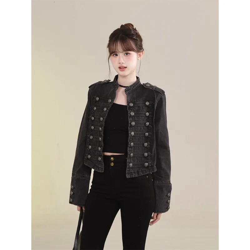 Womens Clothing Short Coat Jeans Jacket Retro Button n Slim Standup Collar Long Sleeves Denim Top 251229