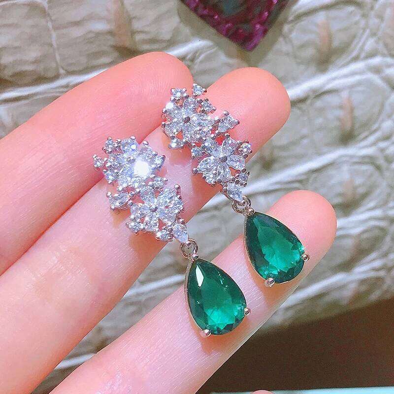 Huitan Gorgeous Flower Dangle with Waterdrop Green Cubic Zircon Luxury Wedding Bridal Earrings Trendy Jewelry for Women