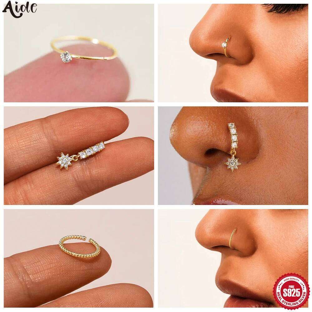 Aide Sterling Silver 925 Pierceing Zircon Simple Round Size Printing Twist Rope Ring Women Jewelry Nose Rings 1pc