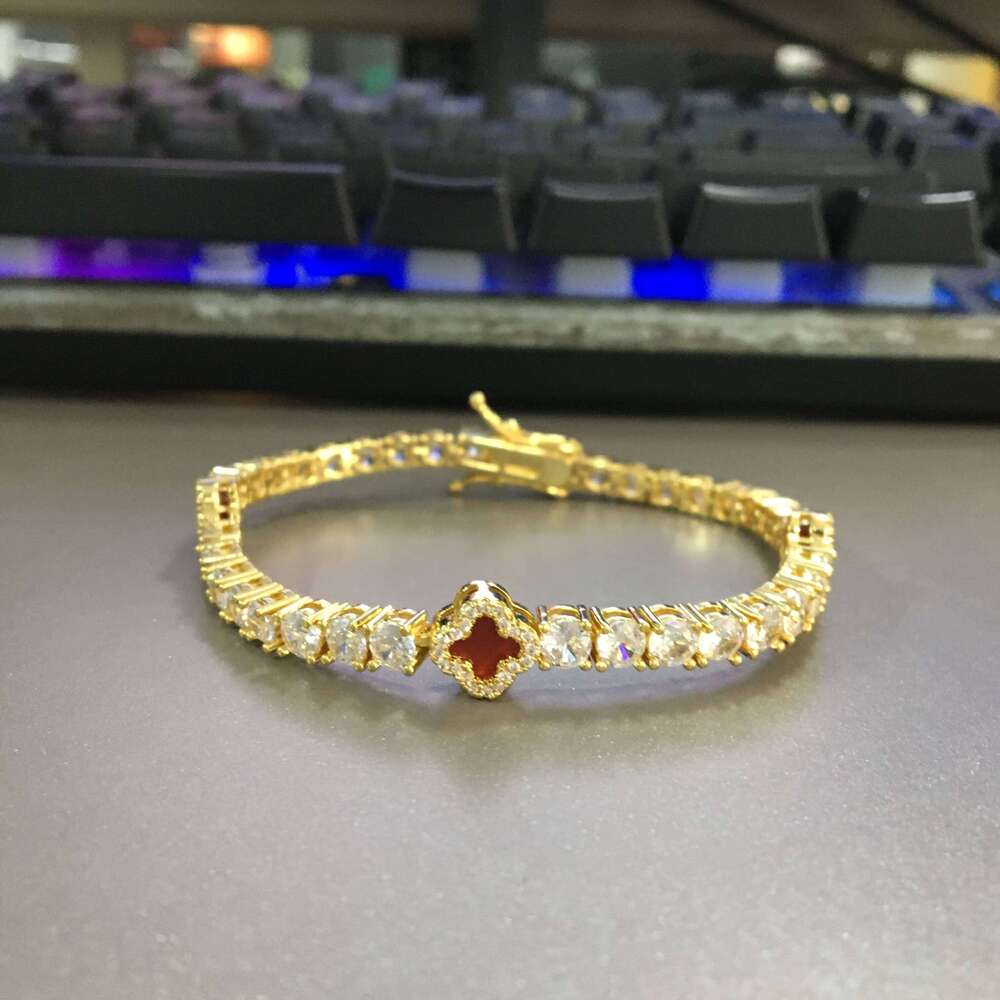 VVS Moissanite New Arrival Party Accessories Full Iced Out Pearlescent 4mm Straight Pull Red Clover Necklace Agate Rhodium Plated Fashion Tennis Chain