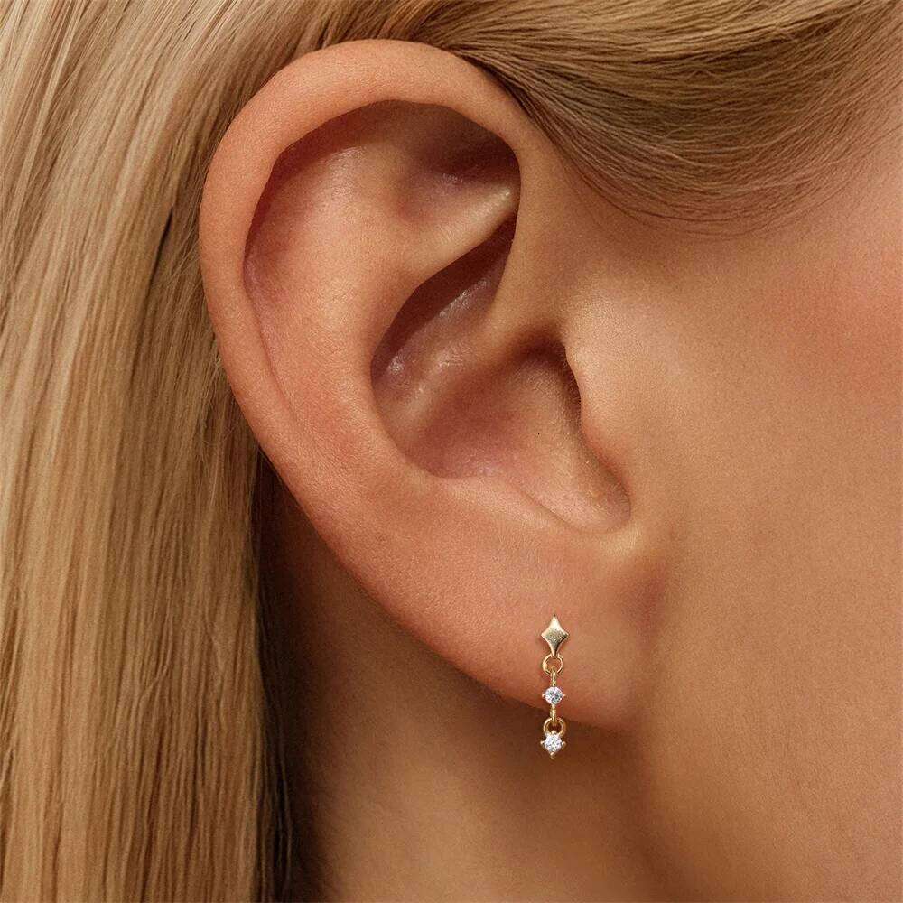 Aide S925 Sterling Silver Classic Smooth Four-Pointed Star Tassel Stud - Dangle Chain Zircon Earrings for Women Jewelry