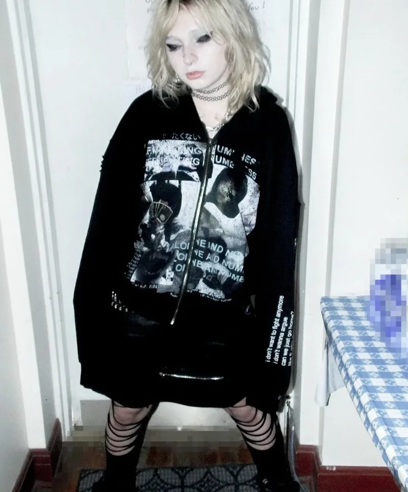 Vintage Streetwear Y2K Harajuku Gothic Punk Letter Print Zipper Hoodie Women Trendy High Street Casual Oversized Sweatshirt Men 251224