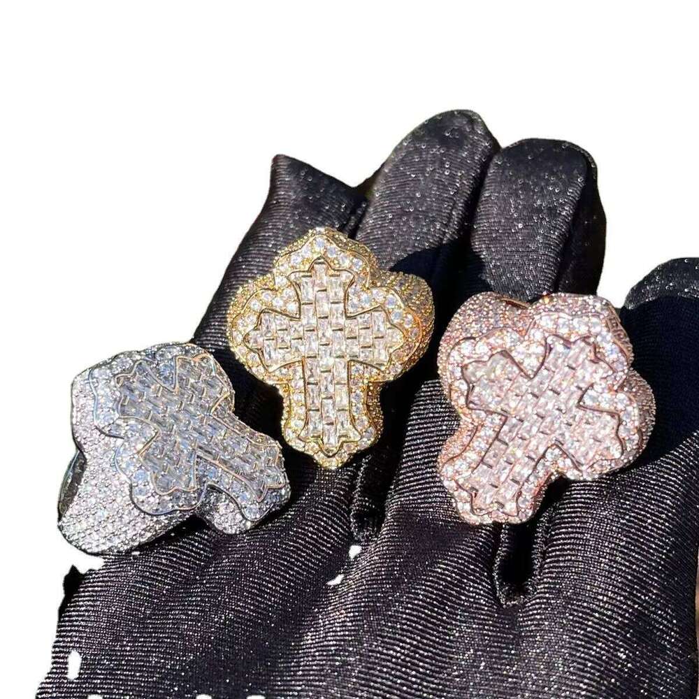 925 Sterling Silver Micro Pave Men's Cross With VVS Iced Out Moissanite Hip Hop Style Fine Jewelry Ring