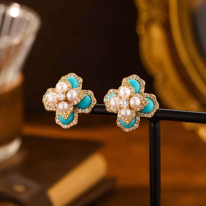 New Chinese Style Blue Turquoise Pearl Stud Three-Dimensional Four-Leaf Flower for Women Niche High-End Elegant Fashion Earrings