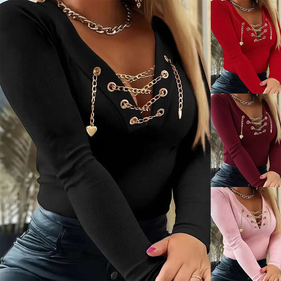 2026 Spring New Elegant Long Sleeve V-Neck Solid Color Heart Metal Chain Decorated Women's Casual T-Shirt