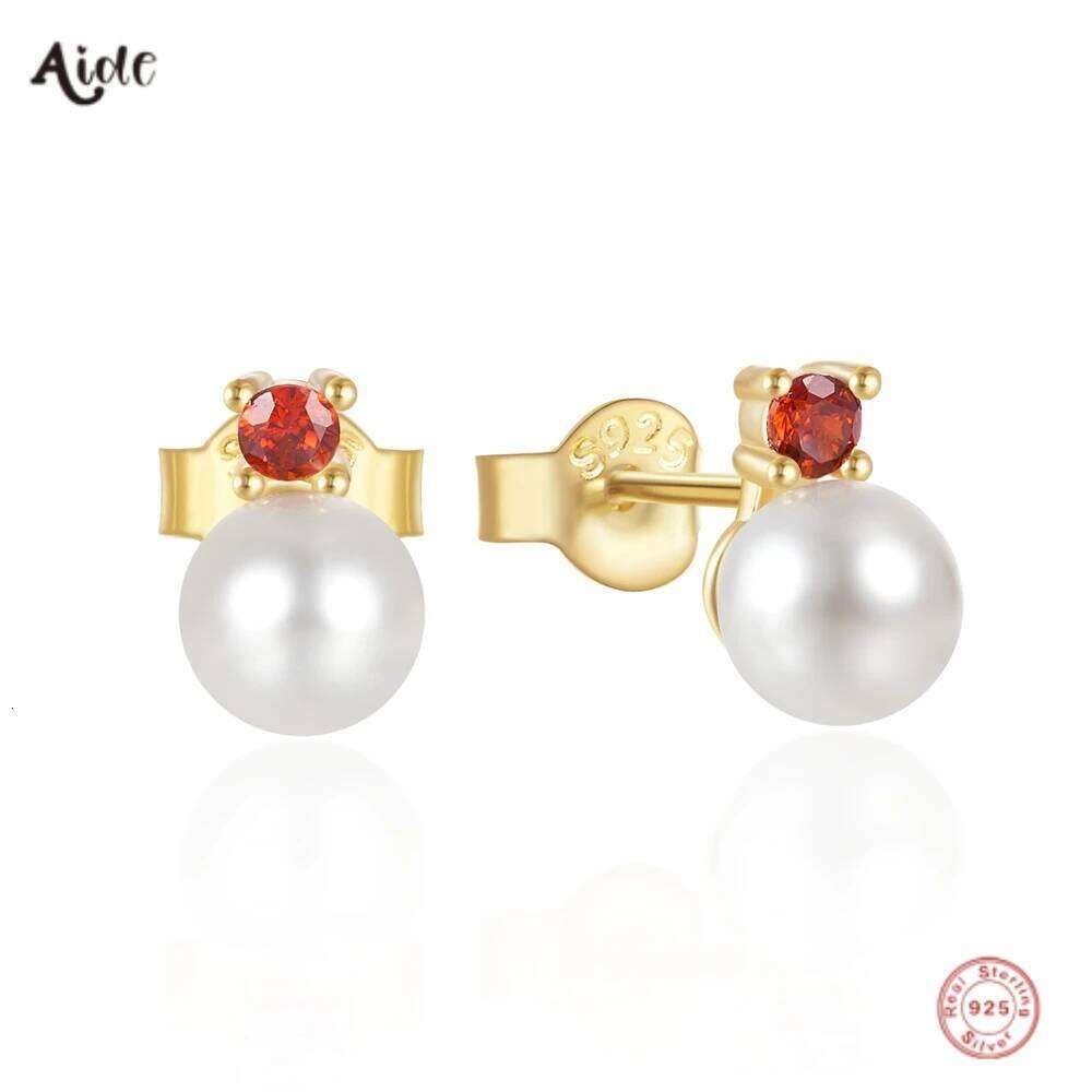 Aide Real 925 Sterling Silver Pearl Stud Earrings Red Zircon Piercing Earring For Women Gold Pendientes Luxury Jewelry Wedding