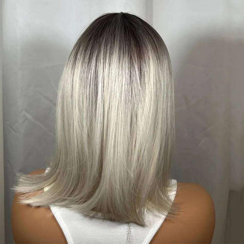 Platinum Blonde Short Dark Roots Premium Heat Resistant Synthetic Fibers Glueless with Bangs Woman Gift Wig