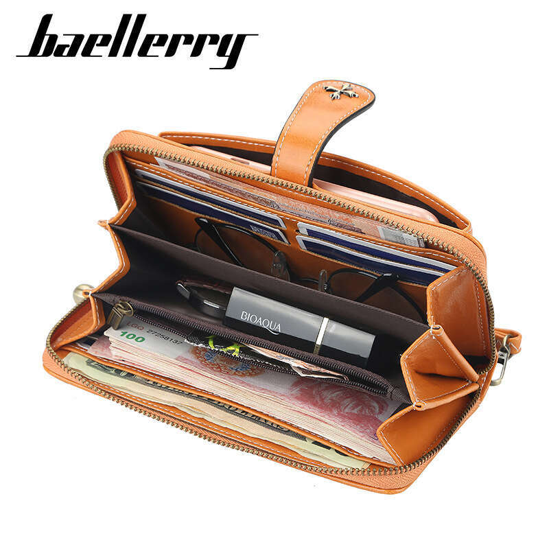 Women's Long Wallet Baellerry European and American Style Buckle Oil Wax Leather Handbag Large Capacity Vintage Phone Bag Hot Item