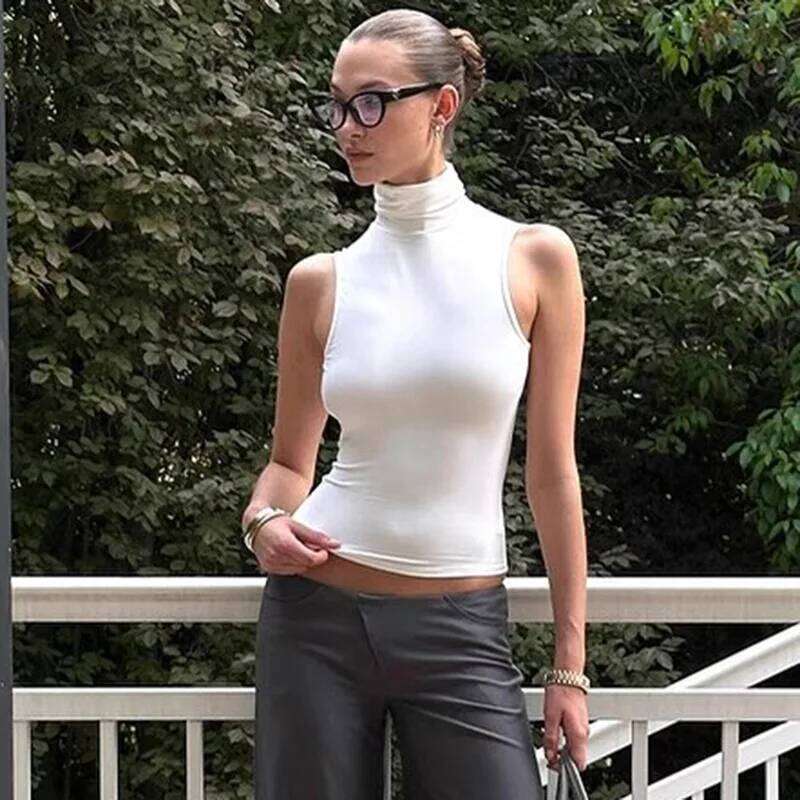 European and American women's summer new style elegant sleeveless solid color high neck backless top