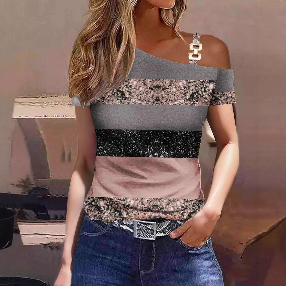 2026 Hot Style Summer Simple Short Sleeve Metal Button Printed Top T-Shirt Women's Fashion