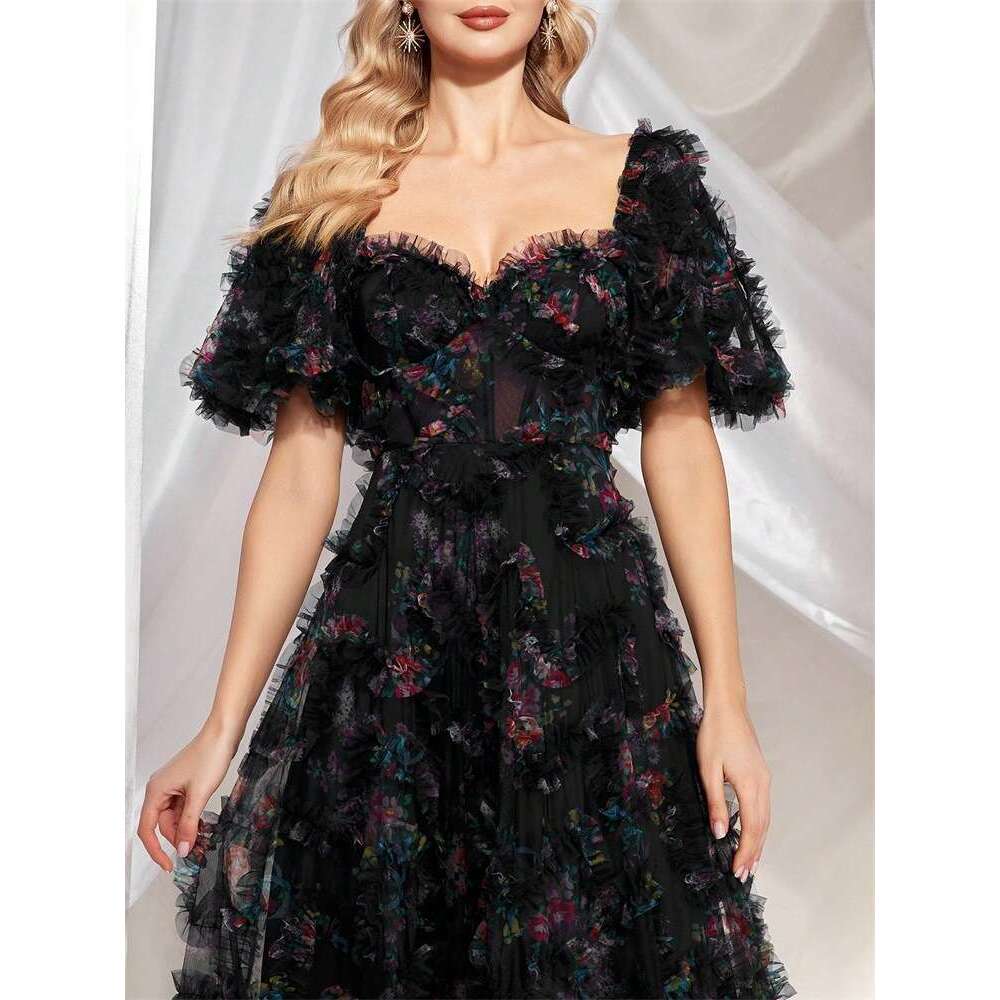 New Style Evening High End Floral U Neck Short Sleeve Slim Fit Party Banquet Dress For Women Women S Luxury Clothing