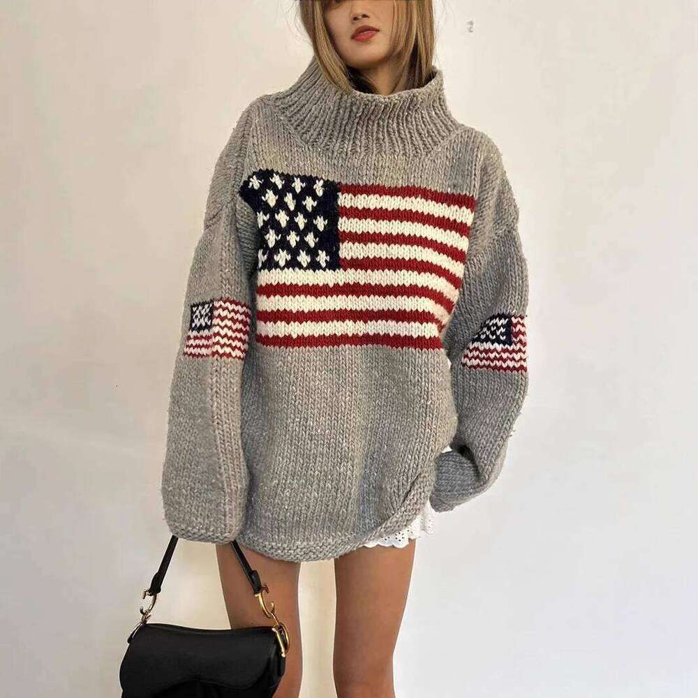 Y2k Flag Pattern Sweater Women Oversized Knit Pullover Vintage Streetwear Casual Warm Loose Fit Fall Jumper