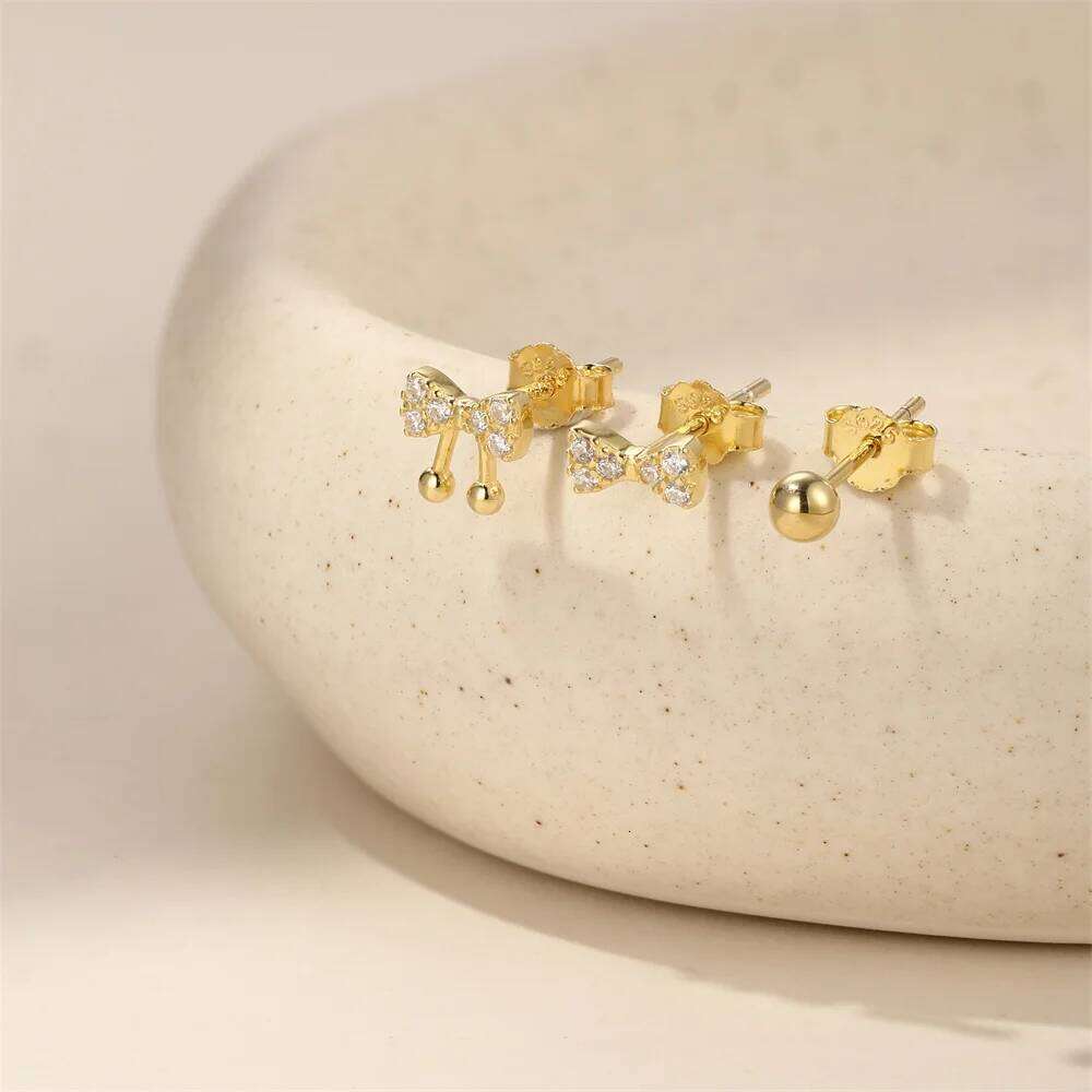 Aide 925 Sterling Silver 3pcs Stud Earring Exquisite Cute Bow Diamond Fashionable Korea Ear Studs Fine Jewelry Set