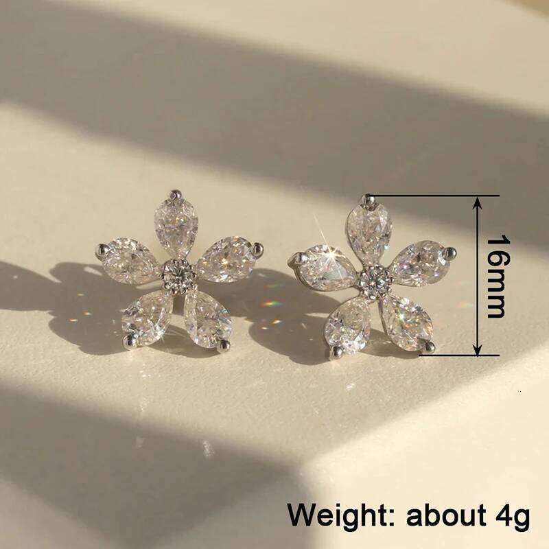 Huitan Crystal Flower Stud Earrings for Women Exquisite Ear Piercing Accessories Silver Color Fancy Gift Trendy Jewelry