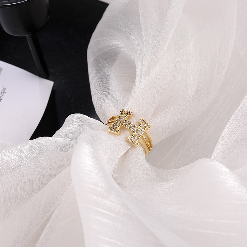 Luxury Brand Designer Jewelry Exaggerated Personality European And American Fashion Zircon Letter H Ring Korean Version High-End Niche Personality Ope