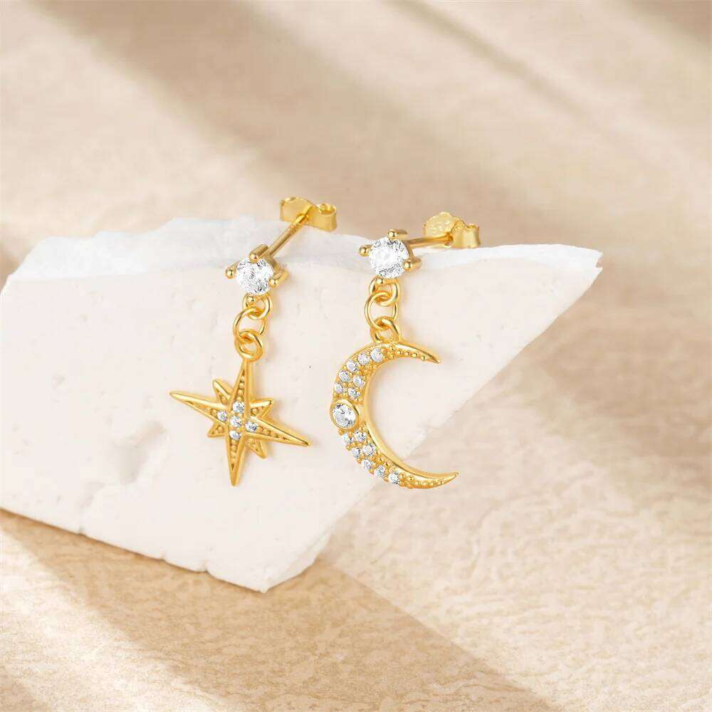 Aide 925 Sterling Silver Barbell Cute Auricular Bridge Earring Moon Star Zircon Transversal Women Body Piercing