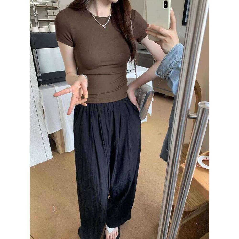 American style spicy girl shoulder T-shirt for women in summer 2025, tight fitting and slimming top, basic elastic short s