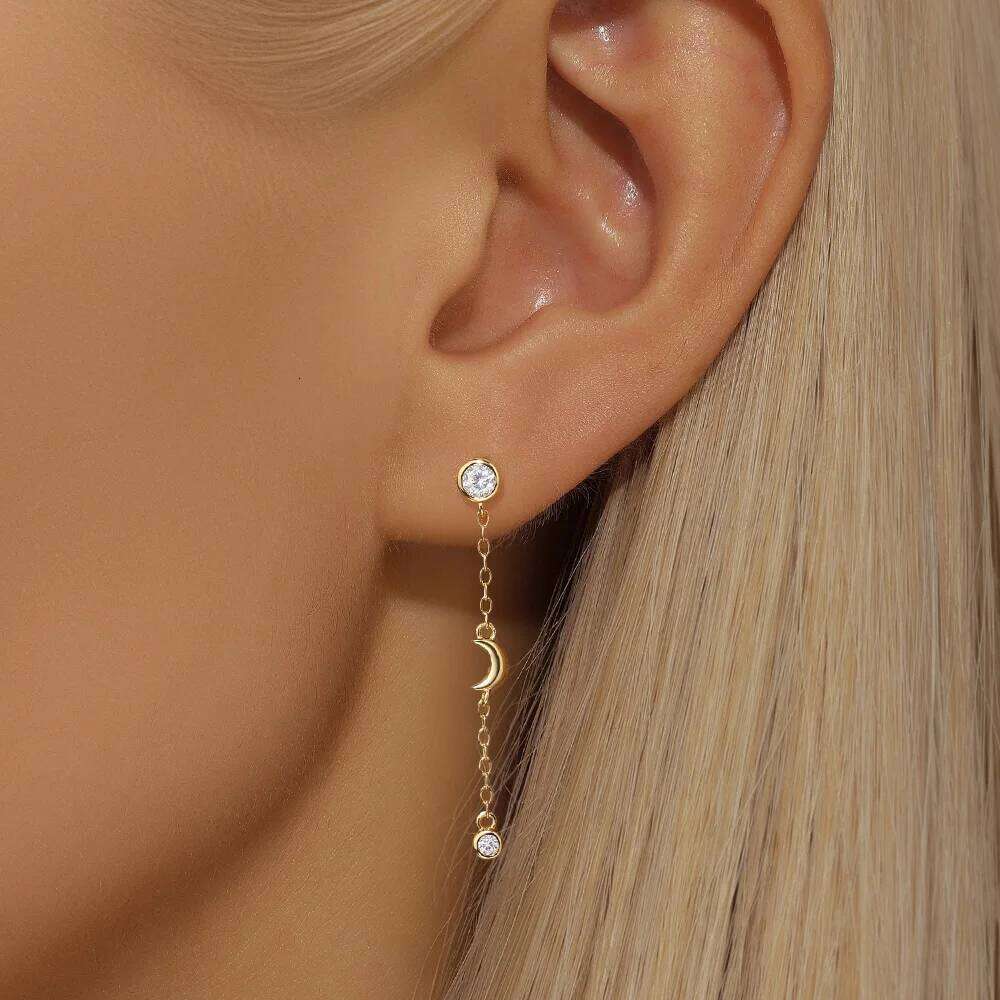 Aide 925 Sterling Silver Crystal Zirconia Moon Heart Stud Earrings Delicate Chain Dangles Ear Buckle Cartilage Piercing Jewelry