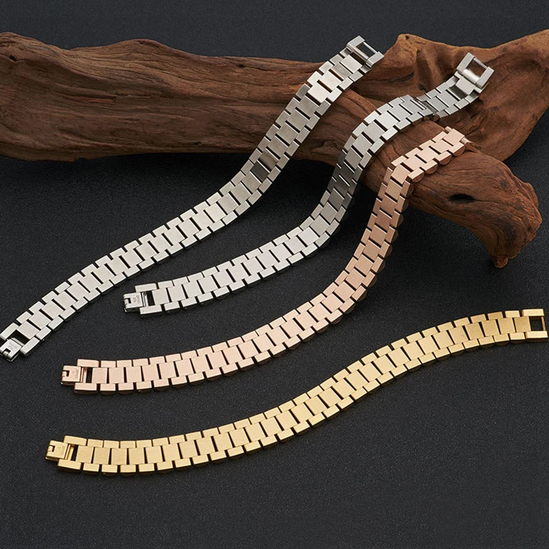 15MM Wide Watch Chain Style Wristband Man Bracelet For Men Waterproof Gold Color Stainless Steel Boys Jewelry Wholesale 251230