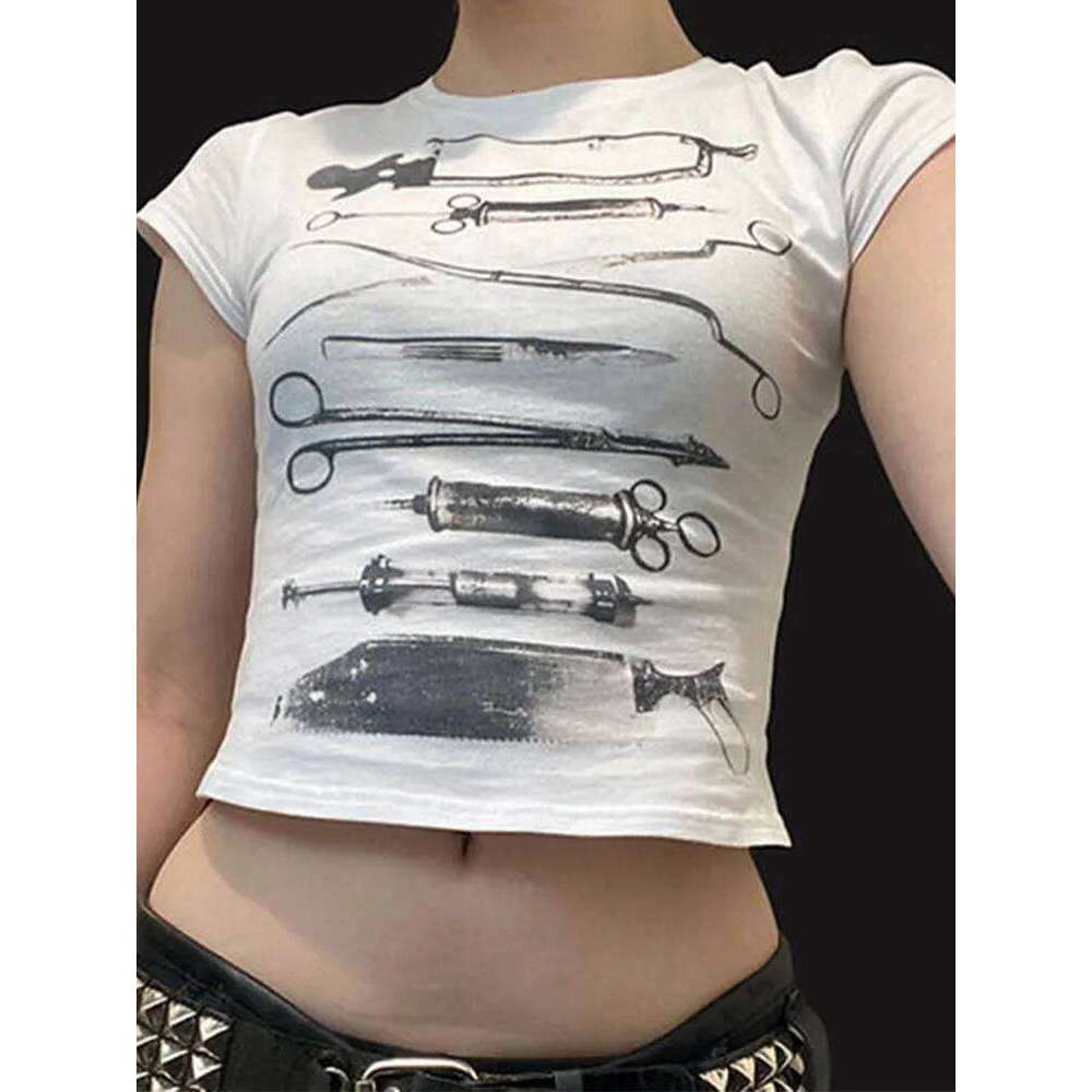 Dark Printed Cropped T Shiirt Gothic Casual Slim O-Neck Short Sleeve Tees Women 2024 Summer Fashion Streetwear Ladies
