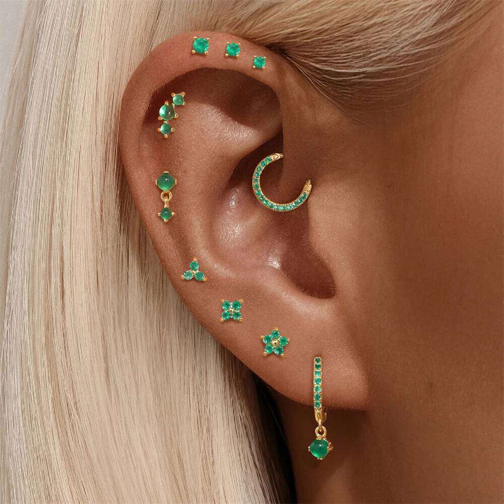 Aide 925 Sterling Silver Multi Sized Natural Green Chalcedony Piercing Earrings For Women 2/3/4mm Stud Earring Jewelry Pendiente