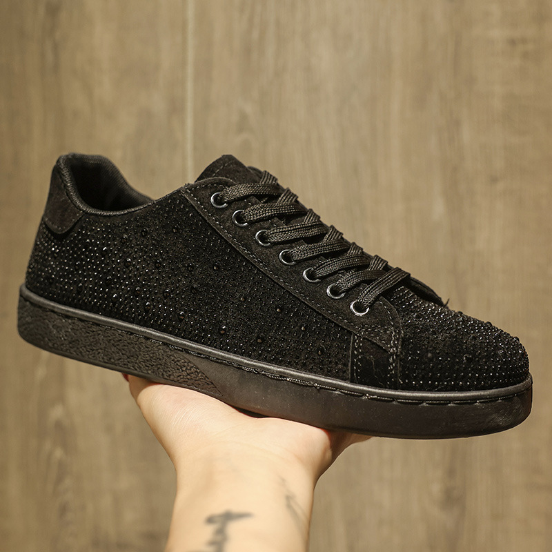 Luxury Shoes 2026 Men's Fashion Rhinestone Decor Casual Sneakers - Black Suede-like Low-Top Shoes for Daily/Streetwear (Size 39-44)