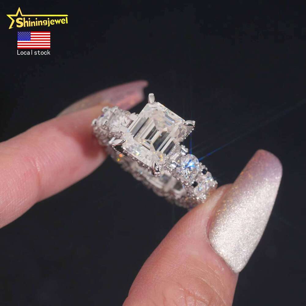 New USA Warehouse Luxury 5ct Emerald Cut Moissanite Engageement Ring Fine Jewelry Iced Out Women's Silver Rings for Wedding