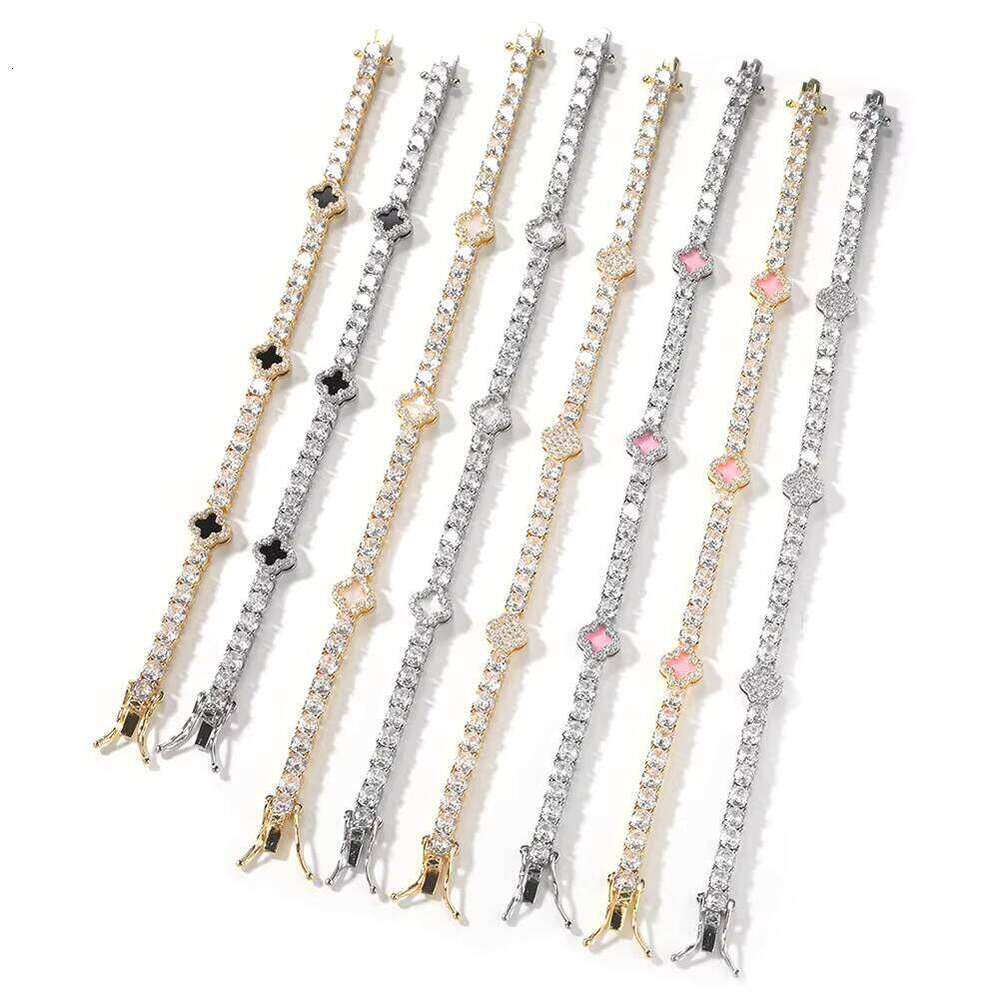 Men's Hip-Hop Gold-Plated Pearl VVS Moissanite Diamond Lucky Iced Black Clover Tennis Bracelet