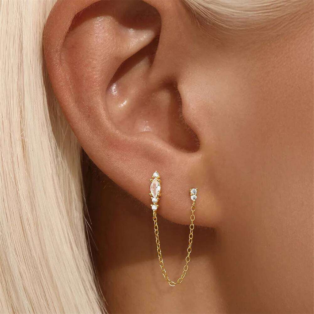 Aide Double Hole Link Chain Square Ear Stud for Women 925 Sterling Silver Flower Cartilage Piercing Earrings Jewelry