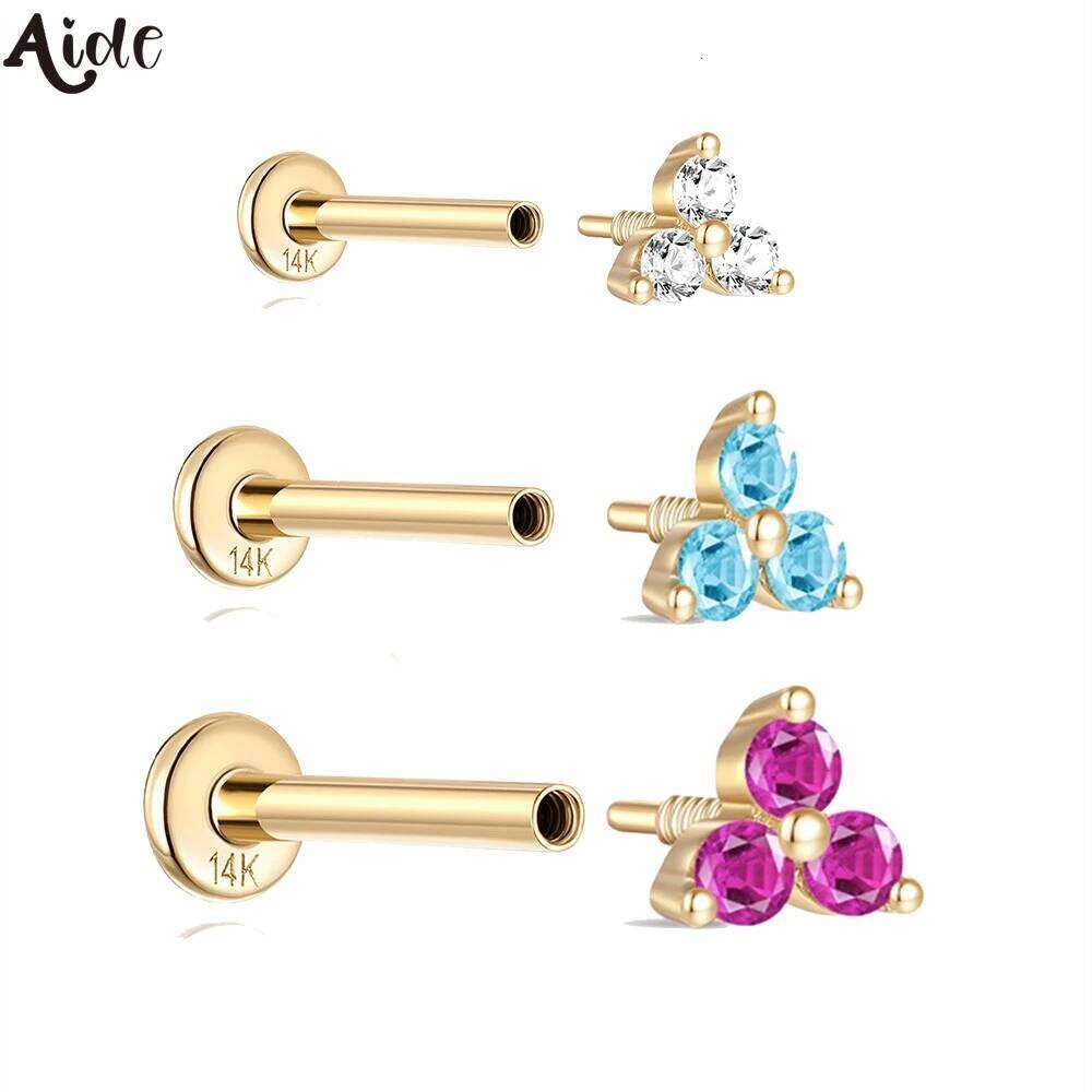Aide Real 14K Solid Gold Multiple Sizes Colors Petal Zircon Stud Earring 1Piece Piercing Bone Vintage Ear Studs DIY Jewelry