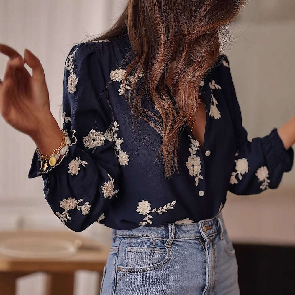 Cross-Border 2025 Spring Summer New Fashion European and American Style Shirt Women's Long Sleeve Embroidered Chic Chiffon Blouse Top