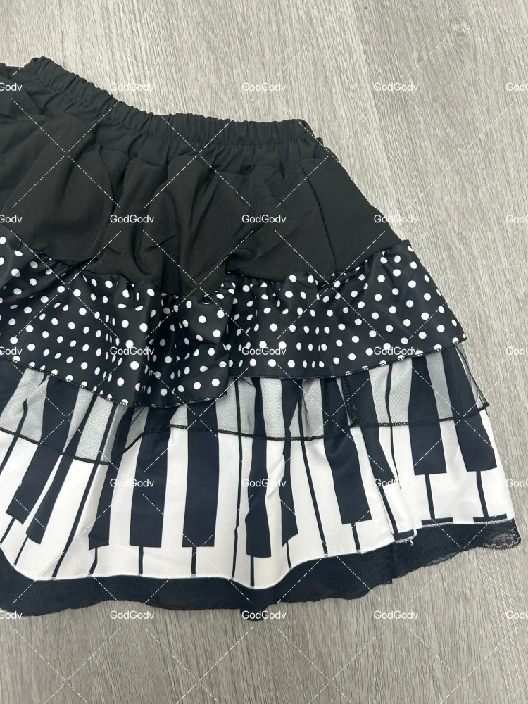 American Vintage Black White Piano Keys Skirts Y2k Slim Waist Ruched Aline Skirt Women Summer Korea Style Chic Mujer 251231
