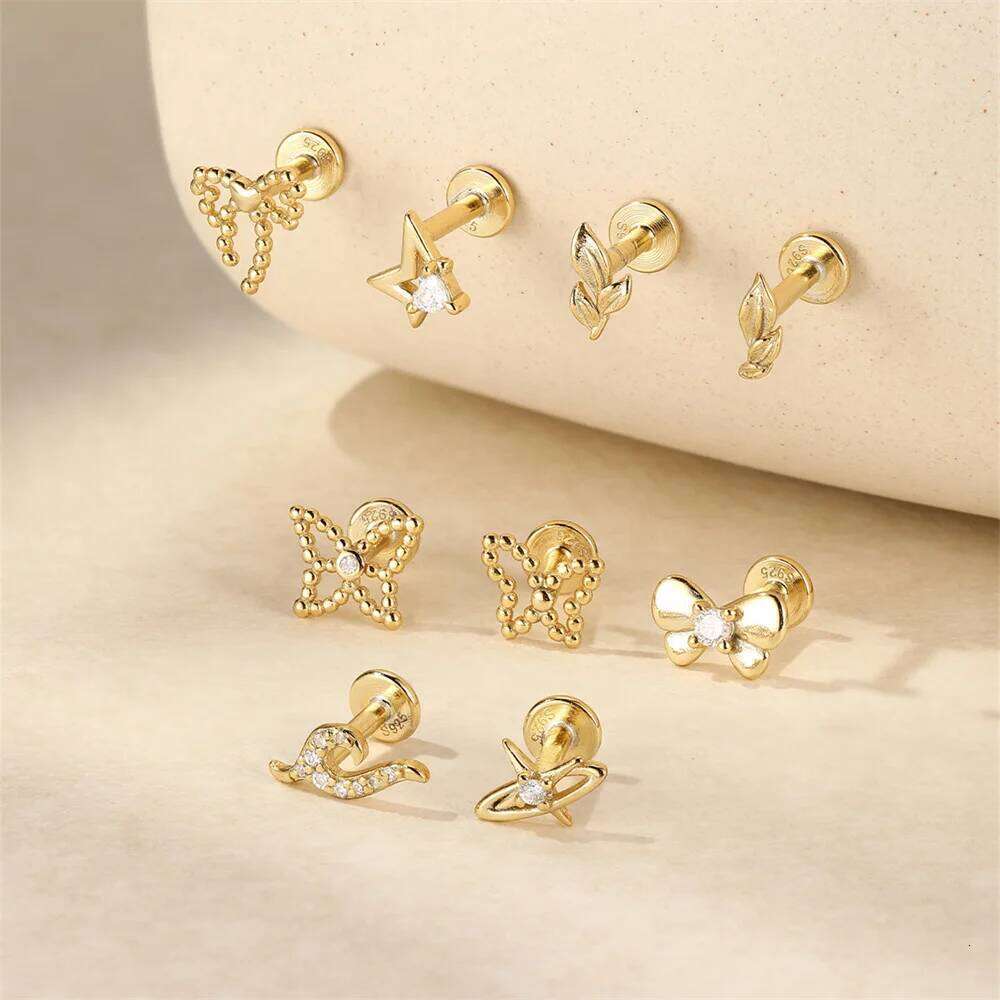 Aide 1PC Nature Style Threaded Puncture Ear Bone Nail 925 Sterling Silver Tassel Geometric Zircon Piercing Earring Studs Jewelry