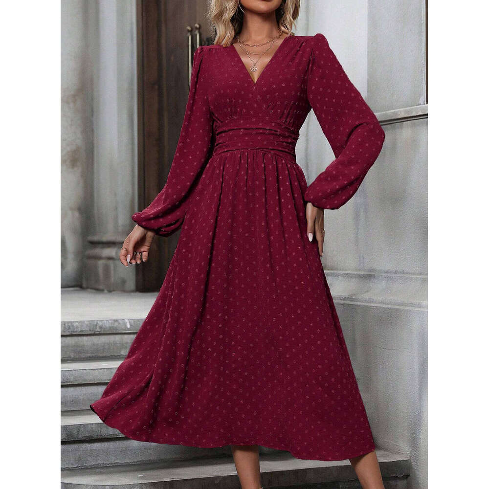 Autumn and Winter New Style Medium Pom-Pom Asymmetrical Neck Lantern Sleeve Ruched Waist Dress