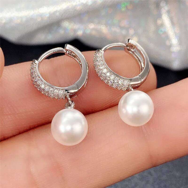 Huitan Fashion Hoop Earrings with Simulated Pearl Pendant for Women Inlay Shiny CZ Stone Luxury Engagement Wedding Trend Jewelry