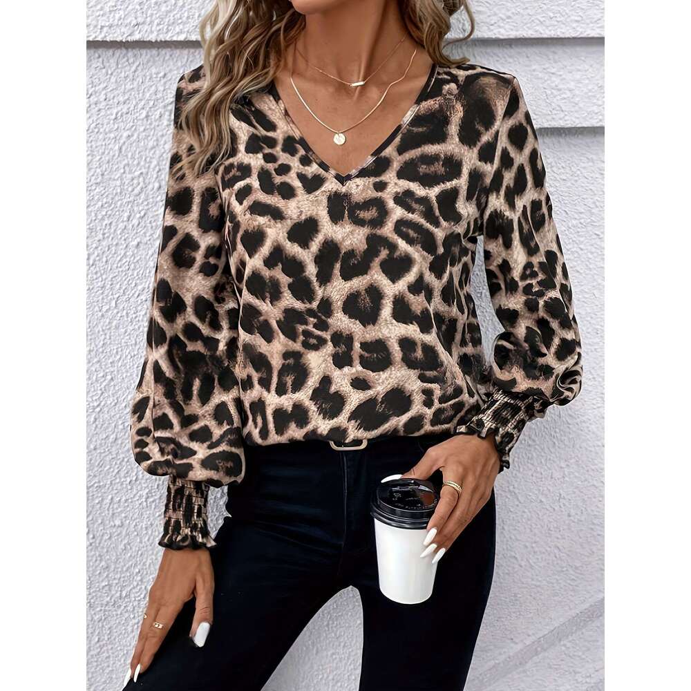 2026 Cross-Border Women's Fashion Hot-Selling V-Neck Leopard Print Loose Long Sleeve Casual Shirt Chiffon Blouse Top