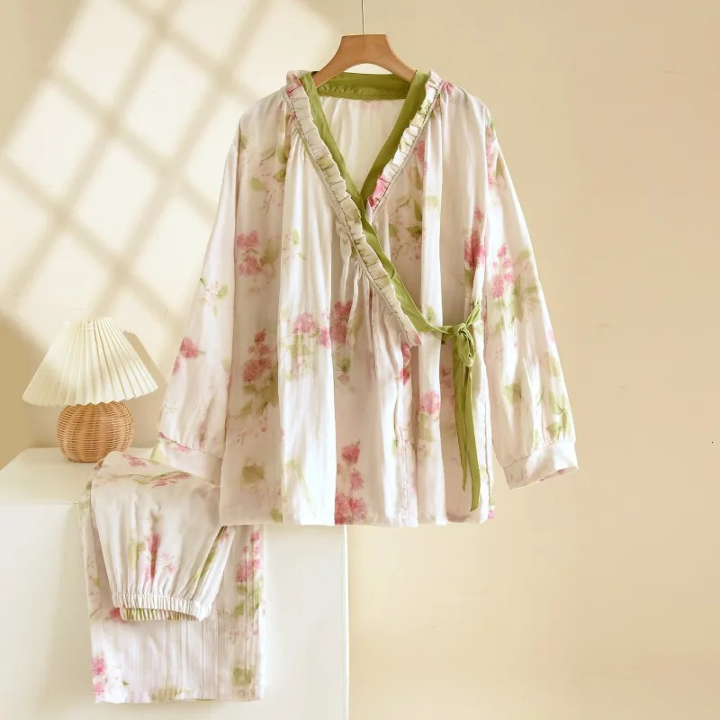 Spring and Autumn Womens Kimono Set 100 Cotton Gauze Chinese style Cardigan Long Sleeve Loose Simple Pajama 251231