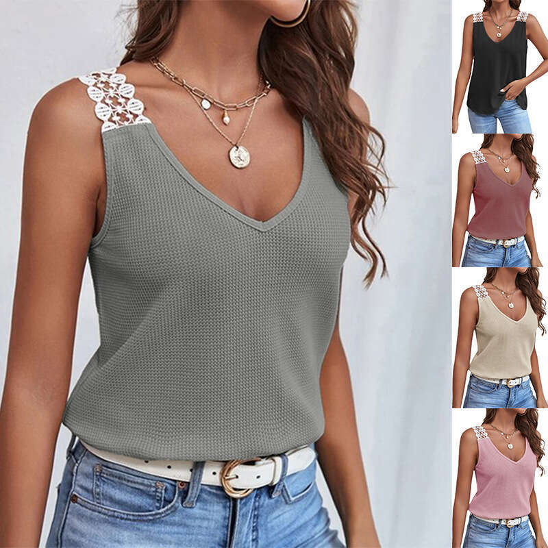 2026 European and American New Women's Solid Color Casual Lace Waffle Patchwork Tank Top T-Shirt